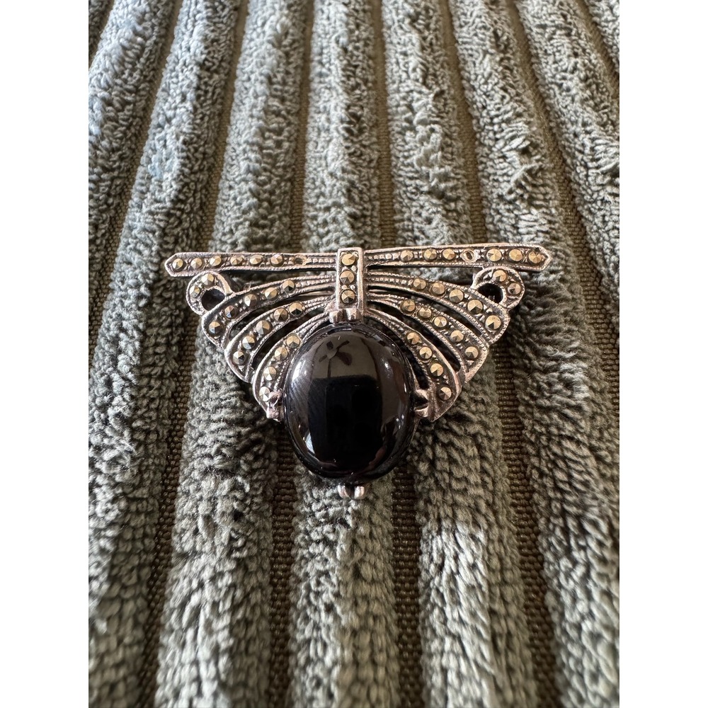 Vintage Art Deco 925 Silver Black Onyx Marcasite Brooch Pin Statement